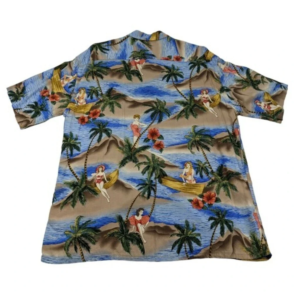 Pierre Cardin Men's Hawaiian Pin-Up Girl‎ Button Shirt Size L Blue Beach Rayon